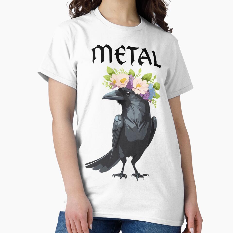 Gothic feminine metal design of crow wearing a flower-crown by Modern-Phantom