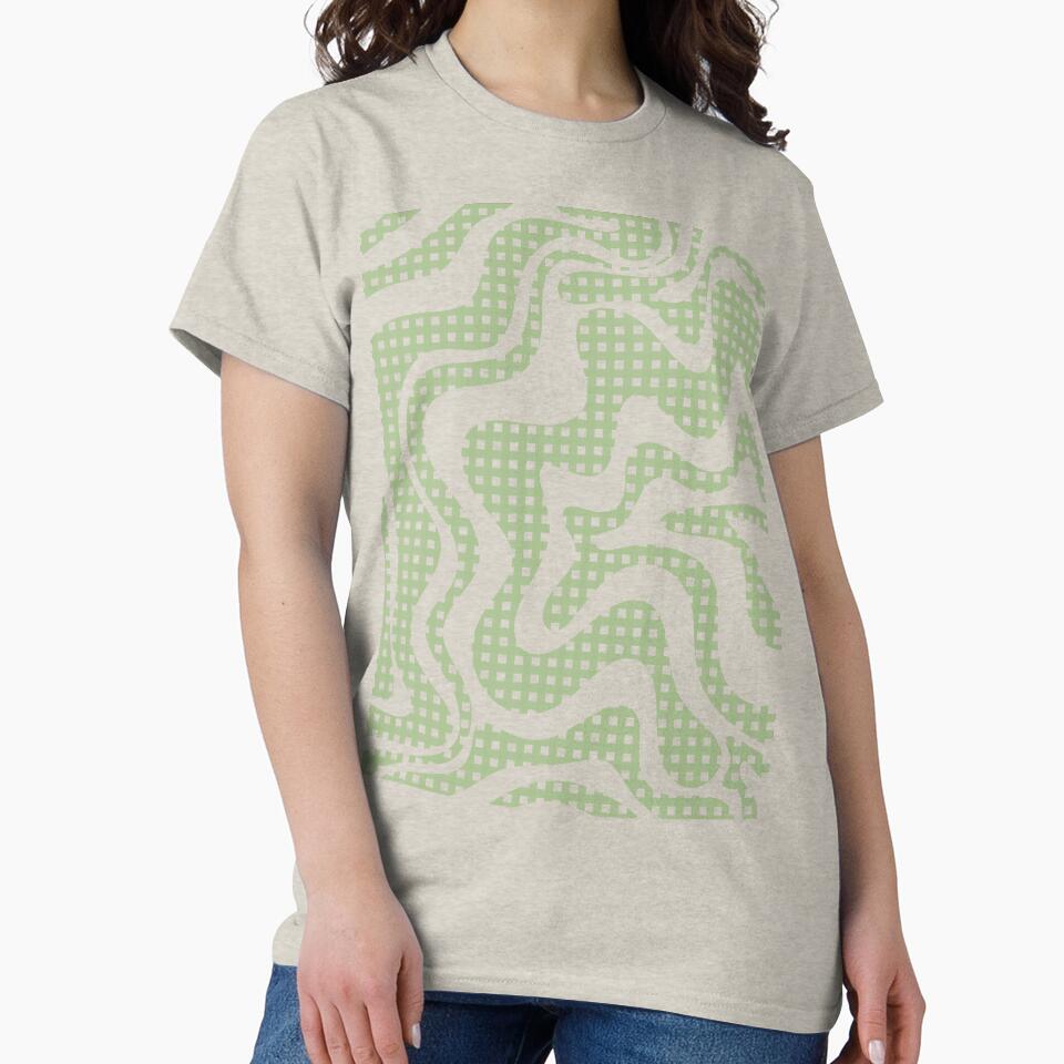 Retro Liquid Swirl Abstract Gingham Check Pattern Light Sage Green and Cream by kierkegaard