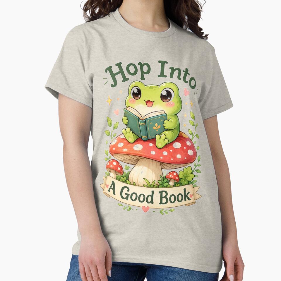 Hop Into A Good Book – Cute Frog Reading on Mushroom by MotylekAnia