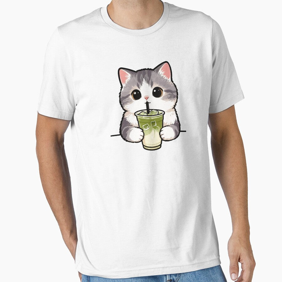 Adorable Cat with Matcha Drink | Cute Kawaii Kitty Tee by Nuttajak