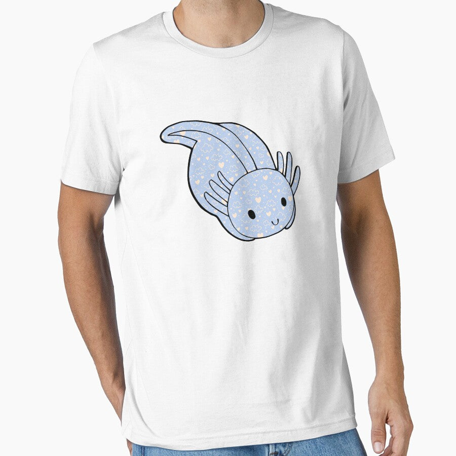 Cute Kawaii Baby Chibi Axolotl in Bright Blue with Hearts and Cloud Pattern by InkMemories