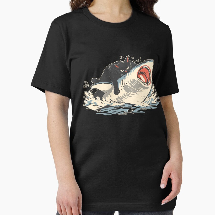Funny Black Cat Biting Shark by NqtshrtDesigns