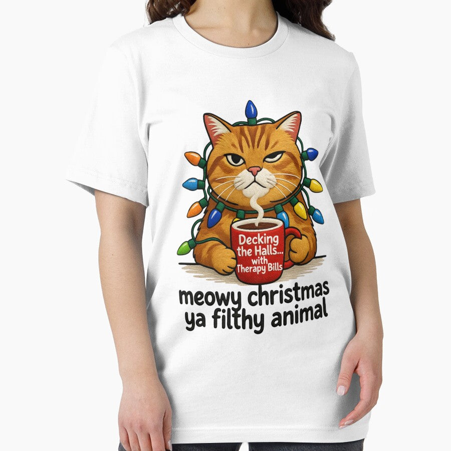 Meowy Christmas Ya Filthy Animal Funny Cat Christmas Lights Faux Embroidery Sticker by GeniePixel