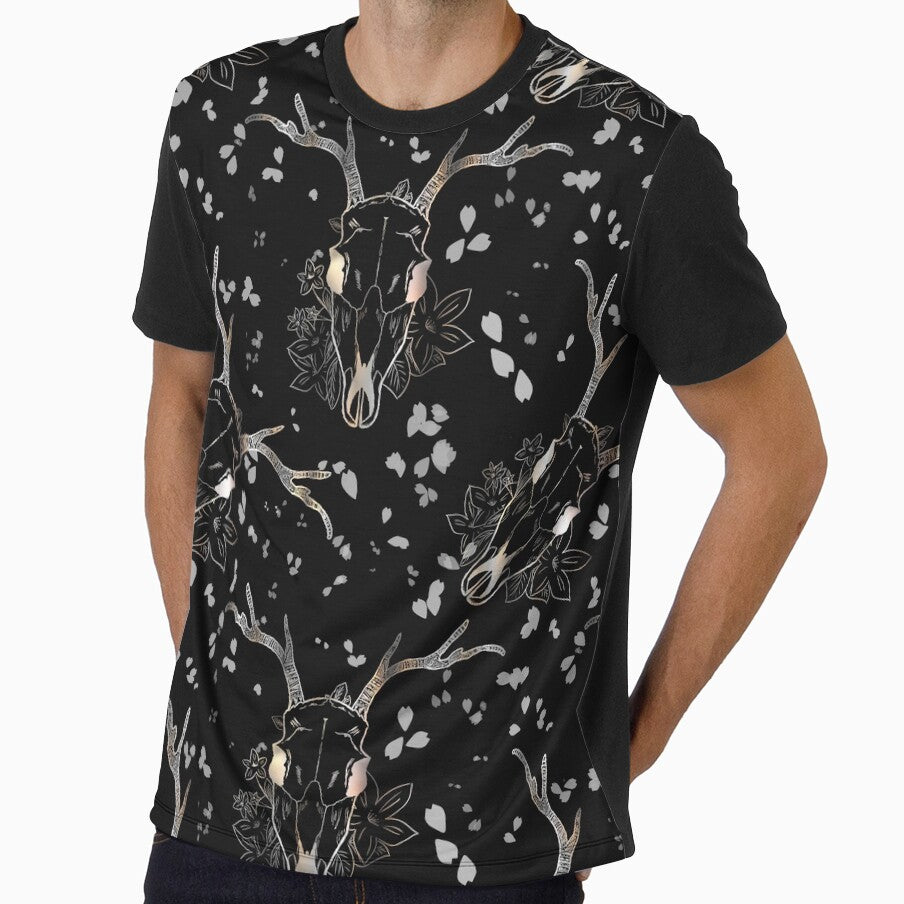 Whimsigoth Silver Deer Skull Floral Pattern on Black by Little Wimbly