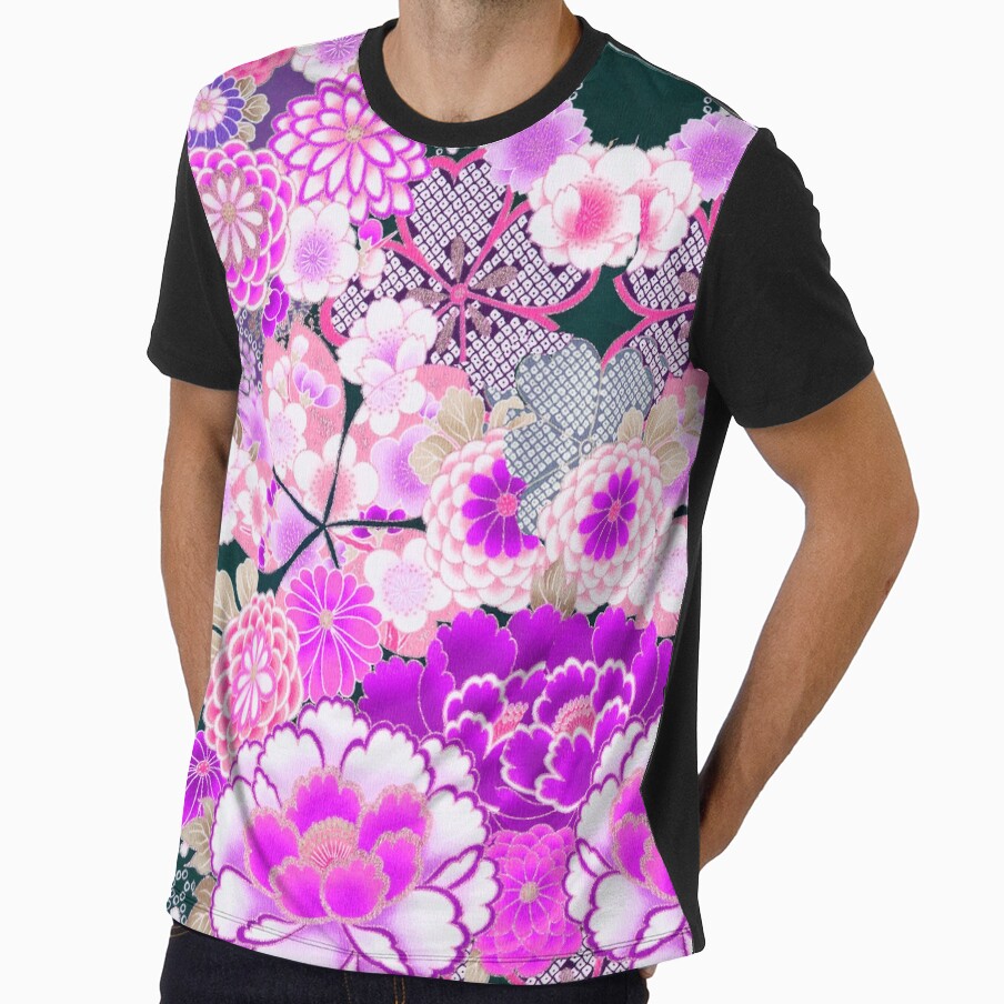 ANTIQUE JAPANESE FLOWERS Pink Purple White Wild Roses Kimono Style Floral by BulganLumini