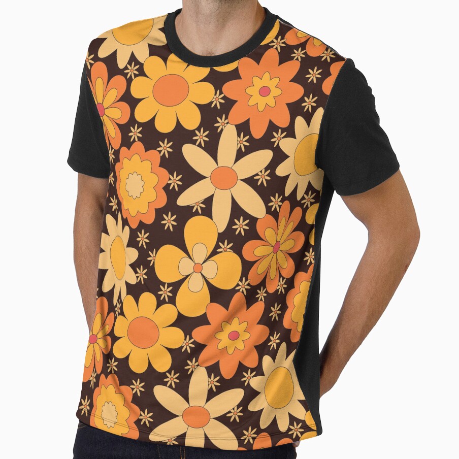 Retro 60s 70s Hippie Groovy orange and yellow flowers pattern by Yasminepatterns