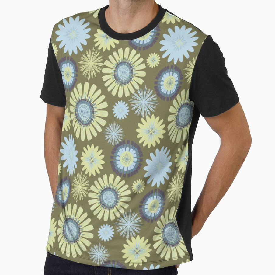 Groovy Green and blue retro flowers pattern by Jaine Drake