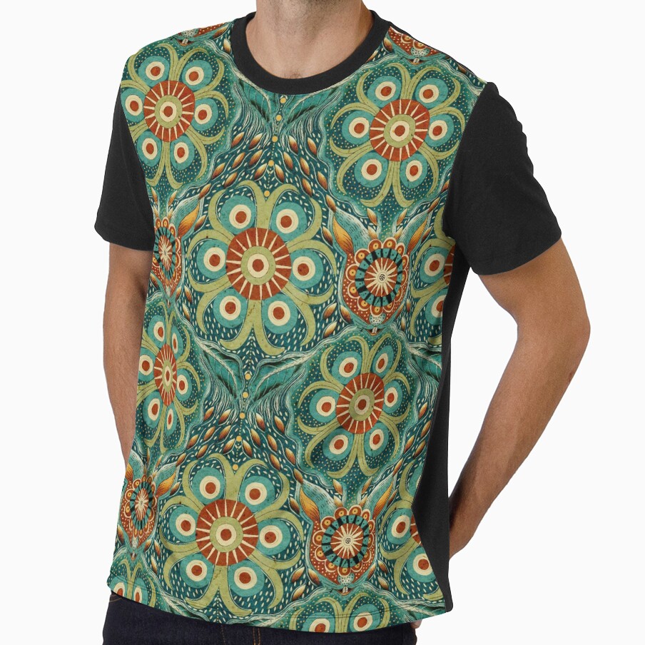 Hare Field Blues – Teal Green + Burnt Sienna Brown Mandala Pattern • Boho Folk Art by Jo Lenz Art Studio