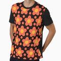 Cute  Groovy retro 70s orange flower pattern on black background by Yasminepatterns