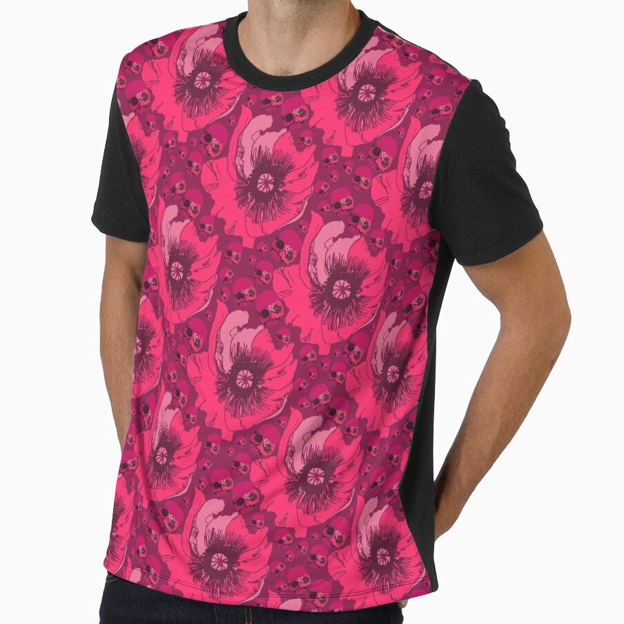 Glamorously Gothic Poppy Flowers and Skulls in red and pink berry shades by LisaLeQuelenec