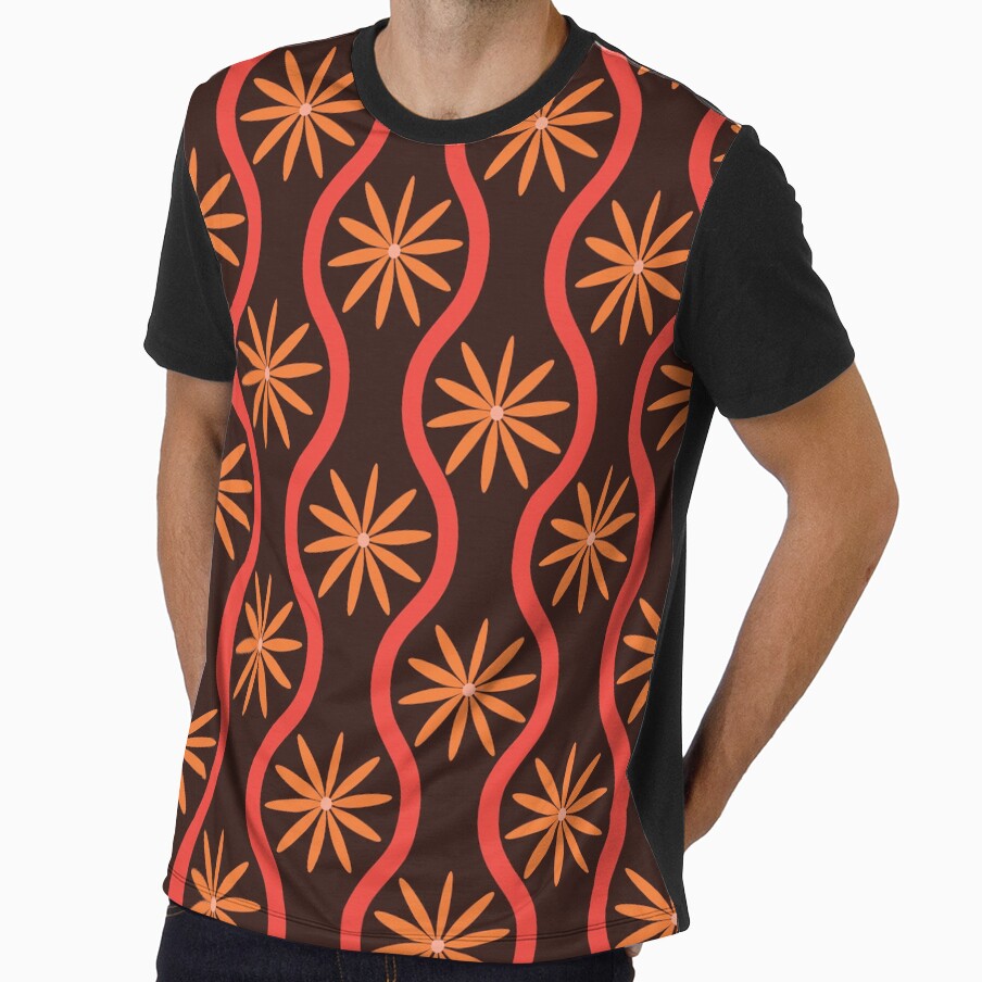 Retro 60s 70s  Groovy orange flowers pattern on red ogee by Yasminepatterns