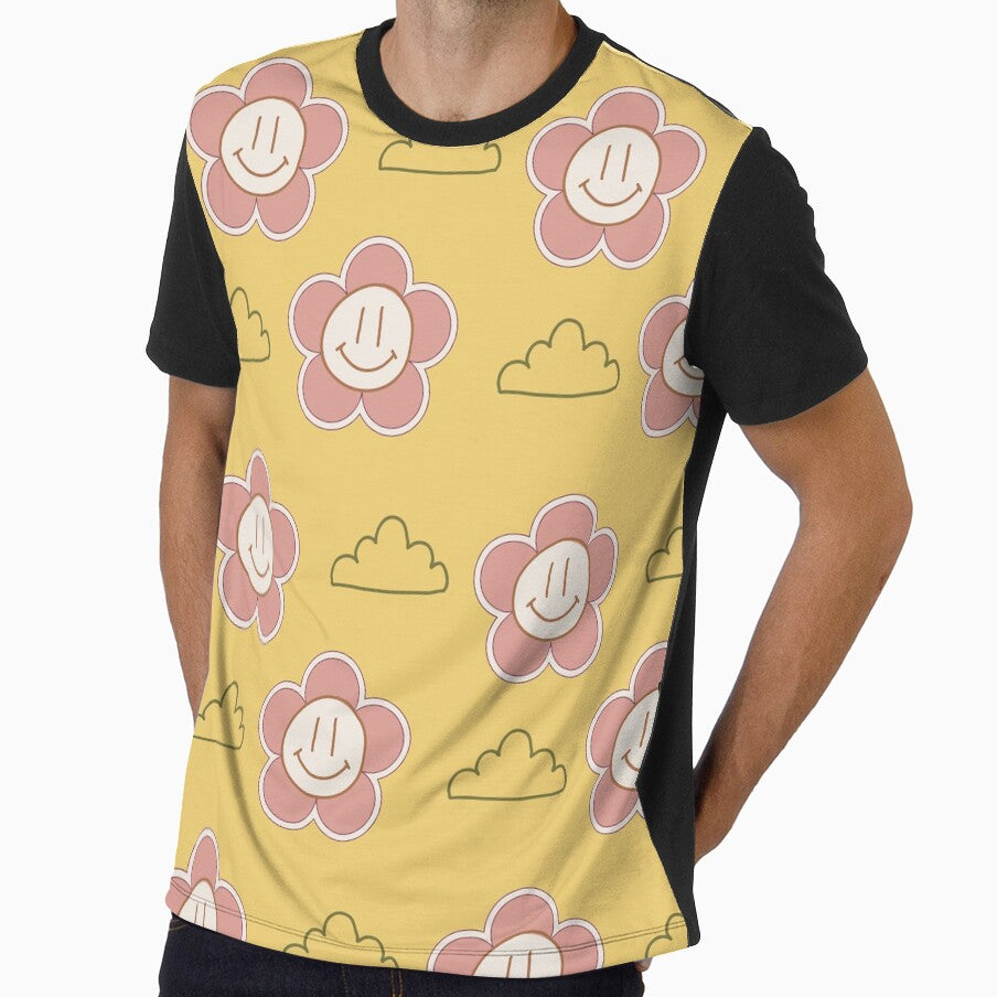 Yellow and Pink  Smiley Flowers and clouds retro style by DemonicGloom