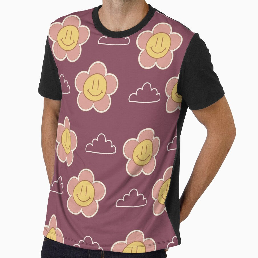 burgundy pink and yellow  Smiley Flowers and clouds retro style by DemonicGloom