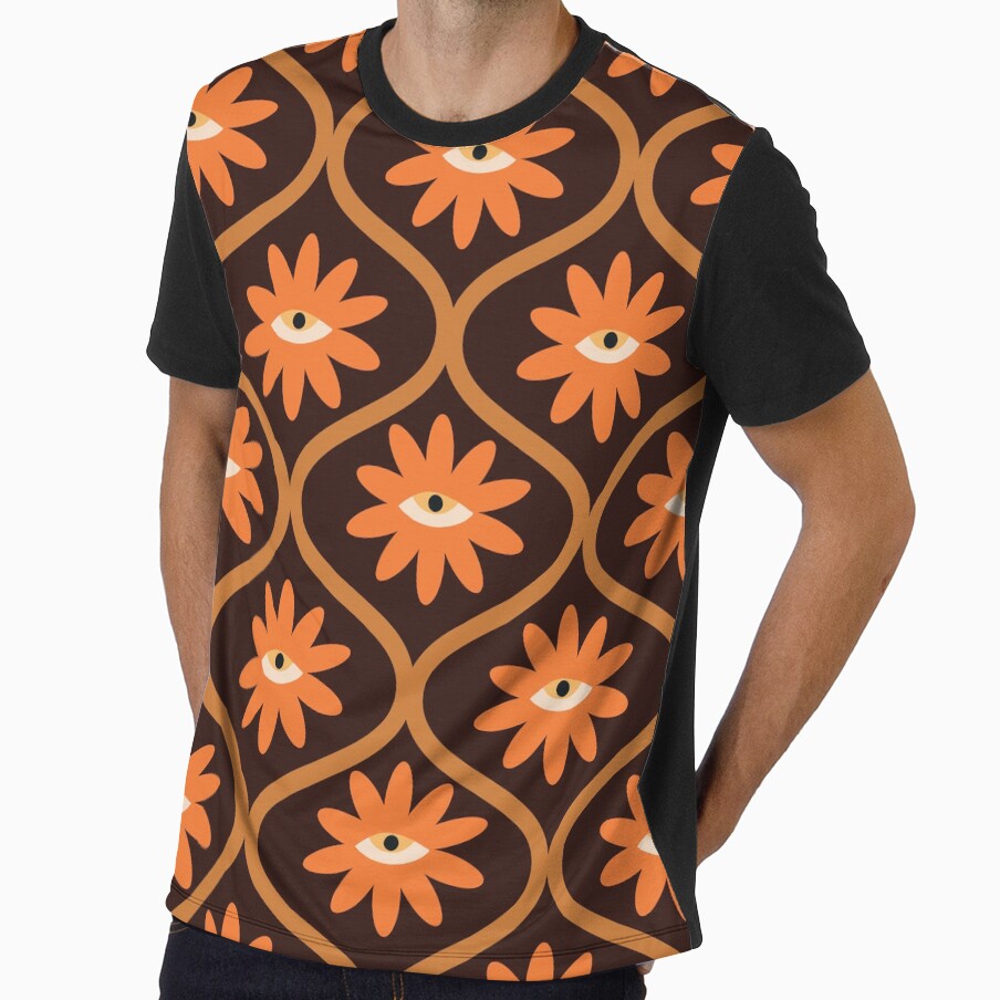 Retro groovy 60s 70s surreal orange flowers with eyes on ogee ovals pattern by Yasminepatterns