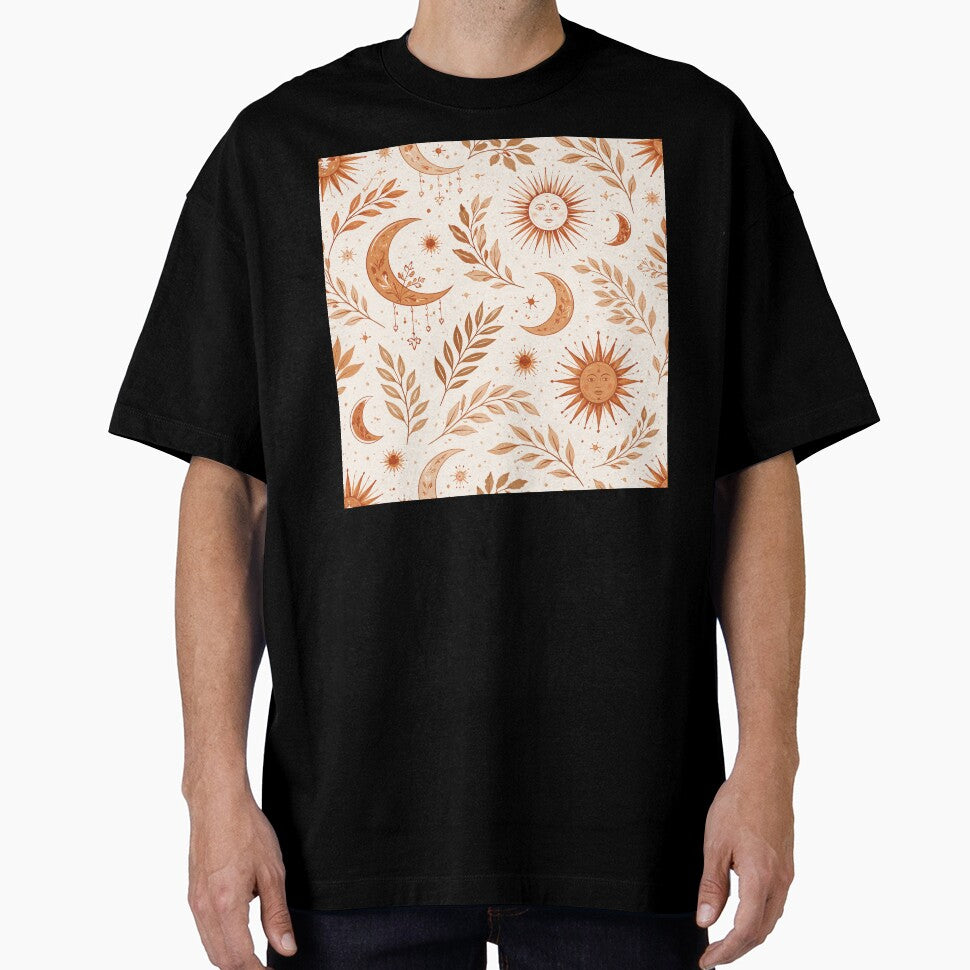 Boho Earth Pattern – Sun Moon & Leaves Terracotta Seamless Design by OpenDreamArts