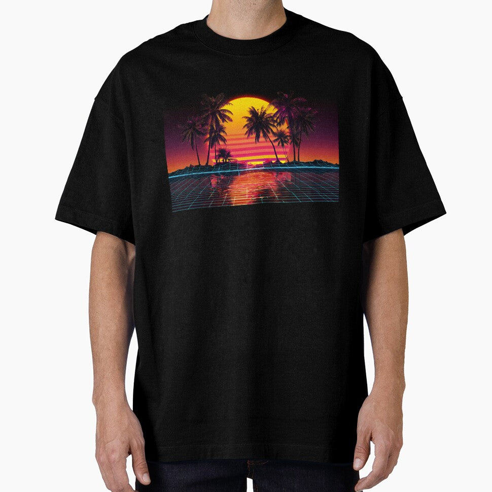 Magenta Neon Palm Trees Reflecting in Starry Retrowave Grid Sunset by EK-World
