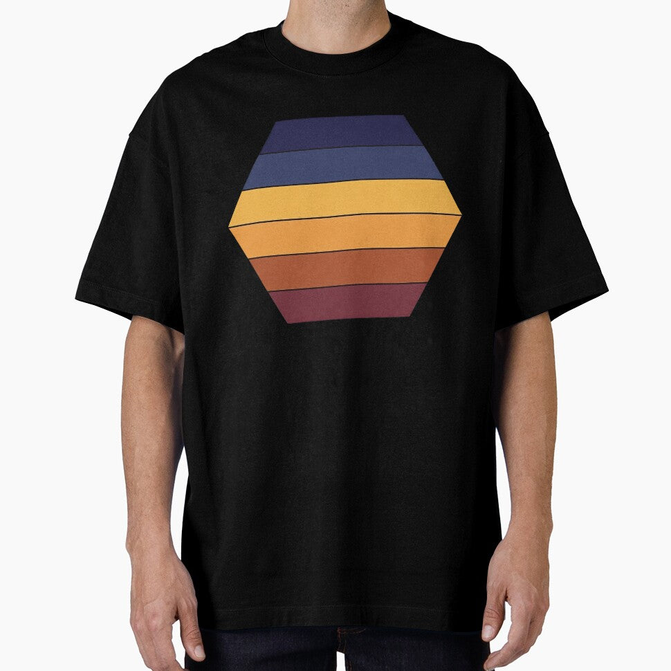 Retro Hexagon Sunset with Warm Gradient Stripes by ArtfulWeave