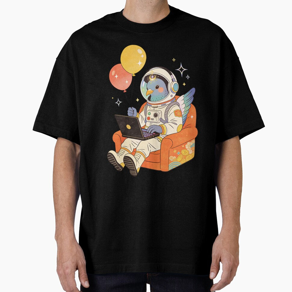 The Chill Astronaut Pigeon: Vintage Retro Spaceman Working on Laptop Aesthetic Art by Cherrydora