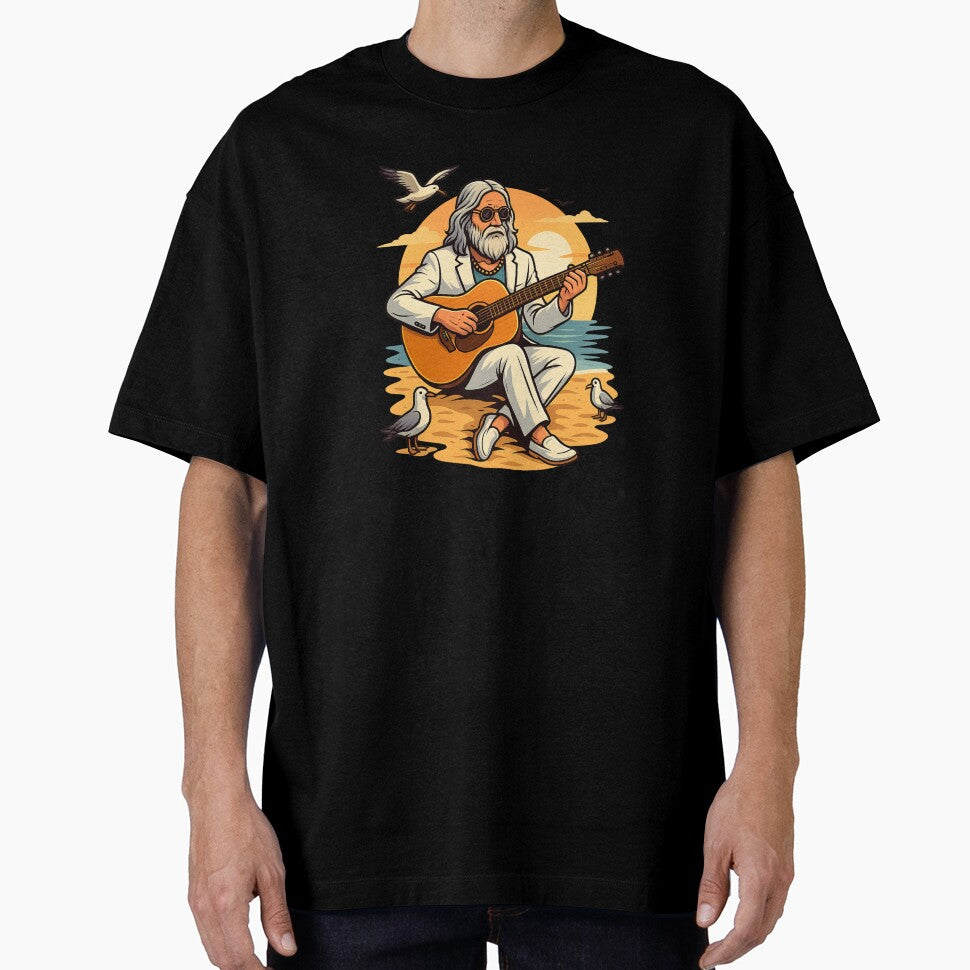 Elderly White Hippie Beach Guitarist – Chill Sunset Music Design by Lunaria Arts