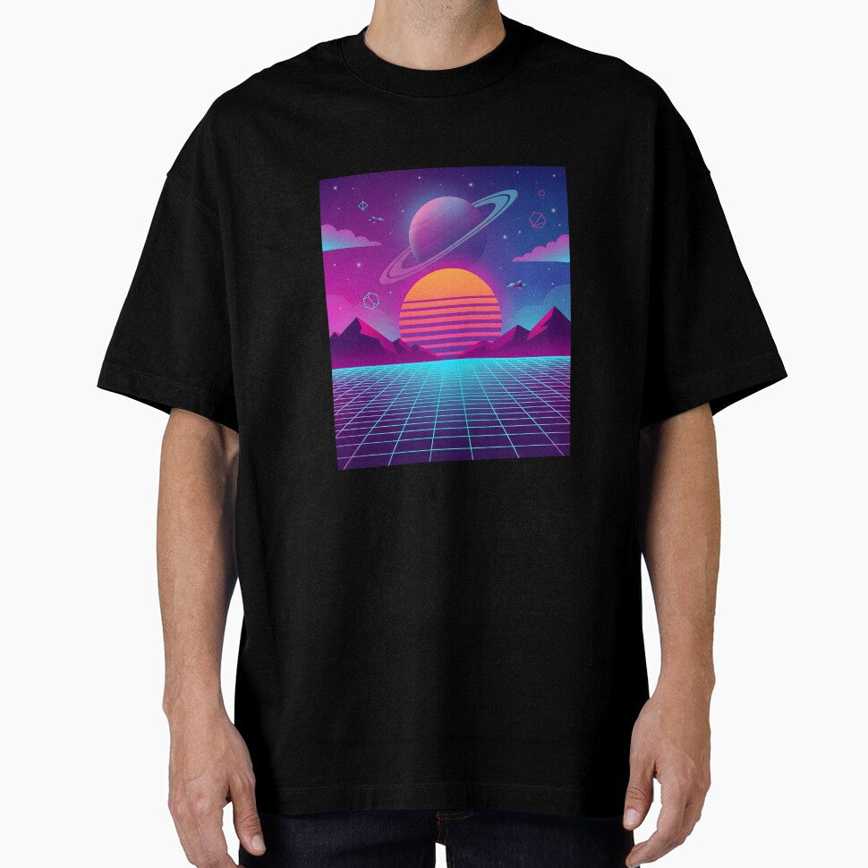 Retro Futuristic Synthwave Space Landscape | Neon Saturn Vaporwave Sunset Art by MCV-Designs