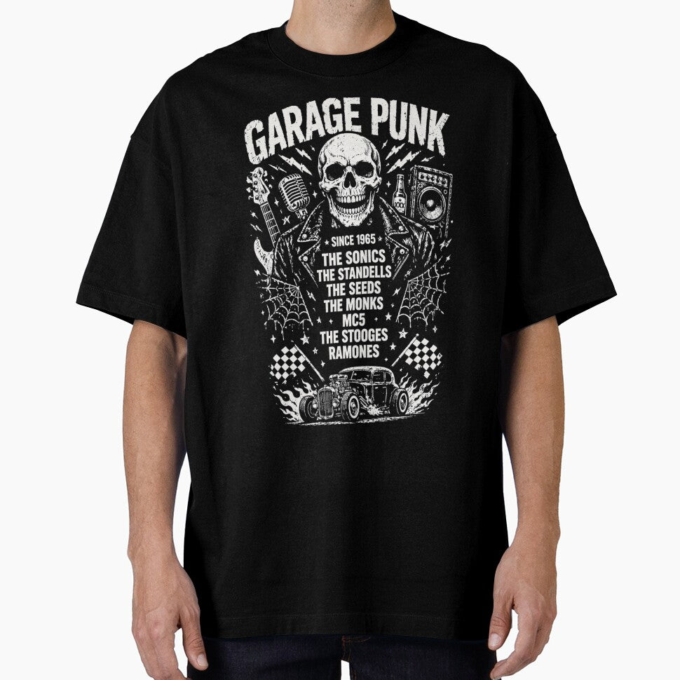 Garage Punk Since 1965 – Skull Leather Jacket Rock Band Distressed Vintage Punk Rock T-Shirt Design by Endthedisease