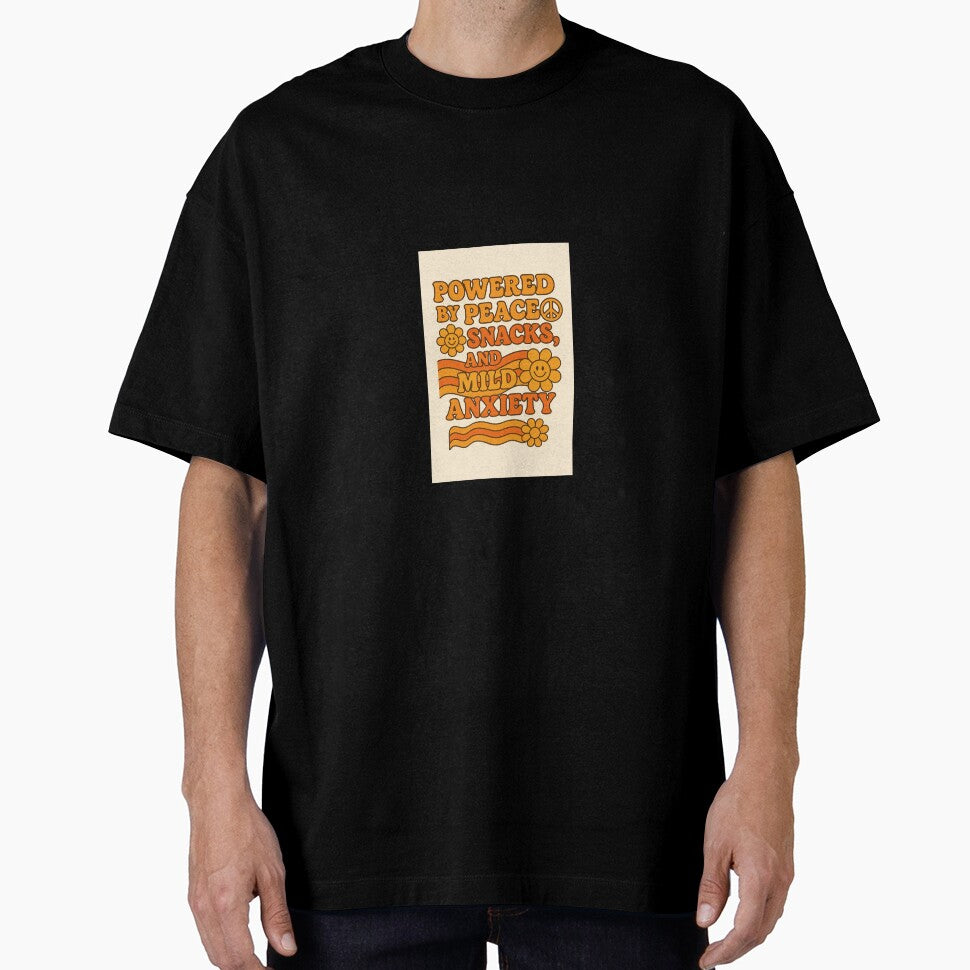 Powered by Peace, Snacks, and Mild Anxiety – Retro 1970s Aesthetic Funny Quote Design by WhimsyByPaul.redbubble.com