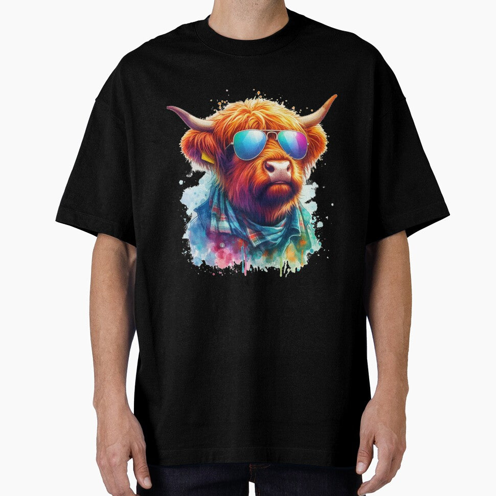 Cool Scottish Highland Cow in Shirt and Shades Colorful Watercolor by MaedK