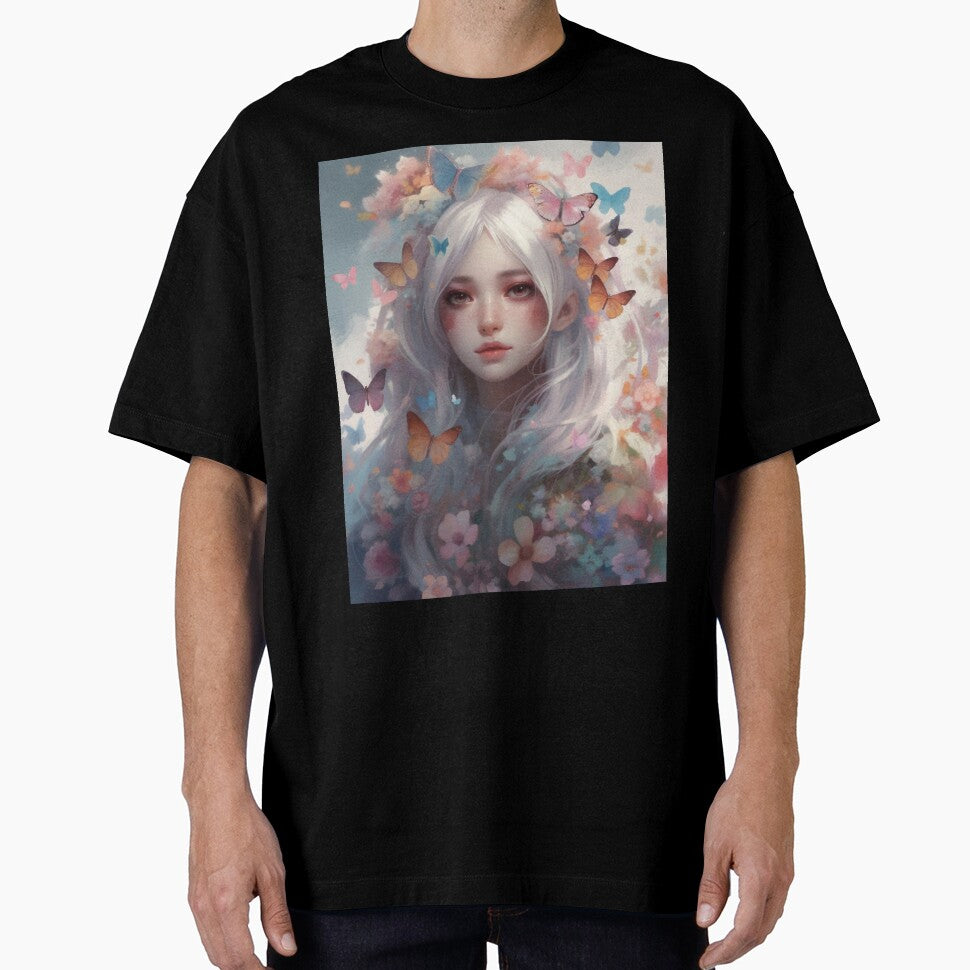 Dreamy Girl Portrait with Long White Hair and Colourful Butterflies #3 by harajukuai