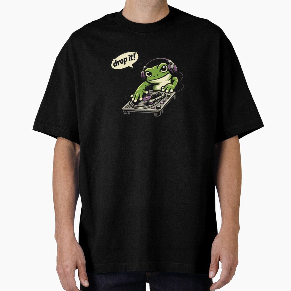 Funny DJ Frog Saying "Drop It!" Cartoon EDM Music Sticker Design by Moss & Mellow