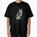 A black ink brush sumi-e painting of a great horned owl perched on weathered pine by 123ks