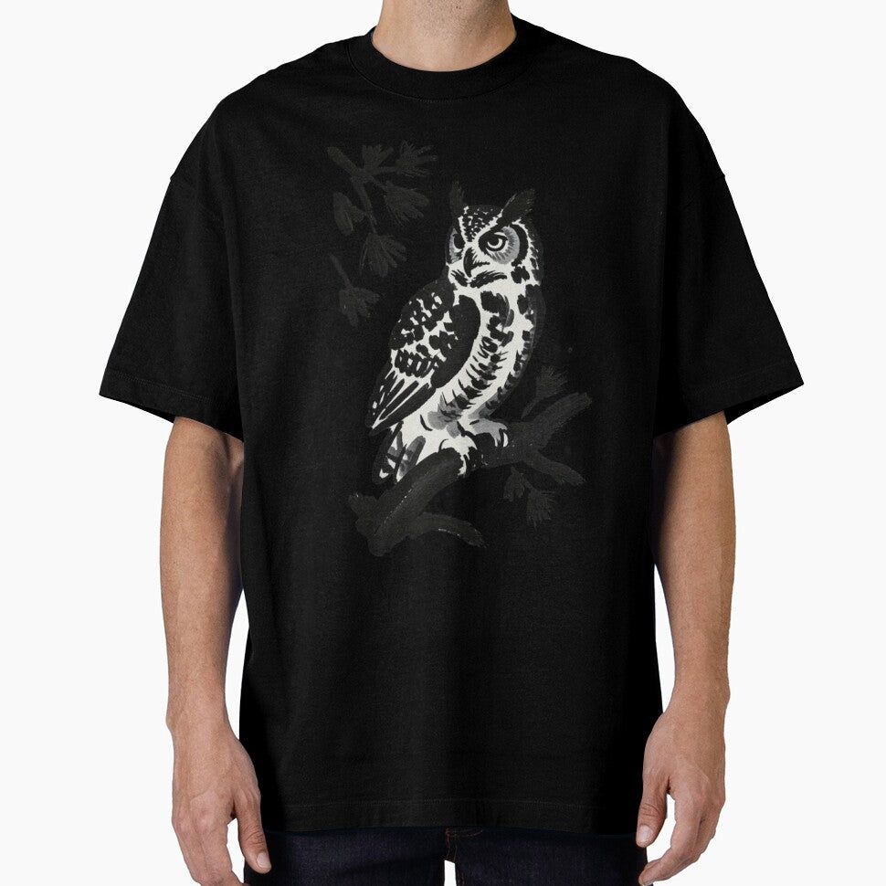 A black ink brush sumi-e painting of a great horned owl perched on weathered pine by 123ks