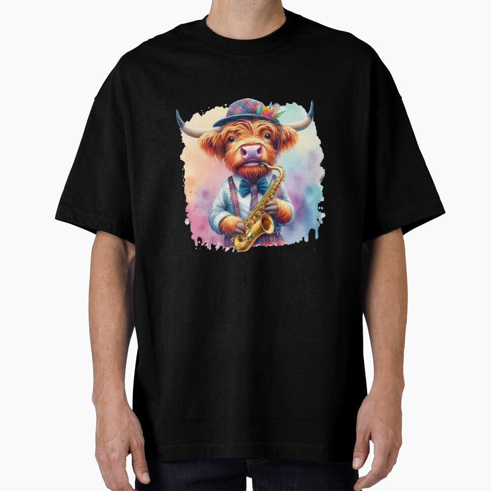 Scottish Highland Cow playing Jazz on the Saxophone Colorful Watercolor by MaedK