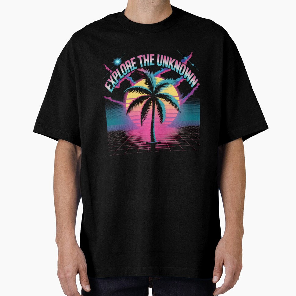 Explore The Unknown Retro Synthwave Palm Tree Sunset Art by SplashTastic
