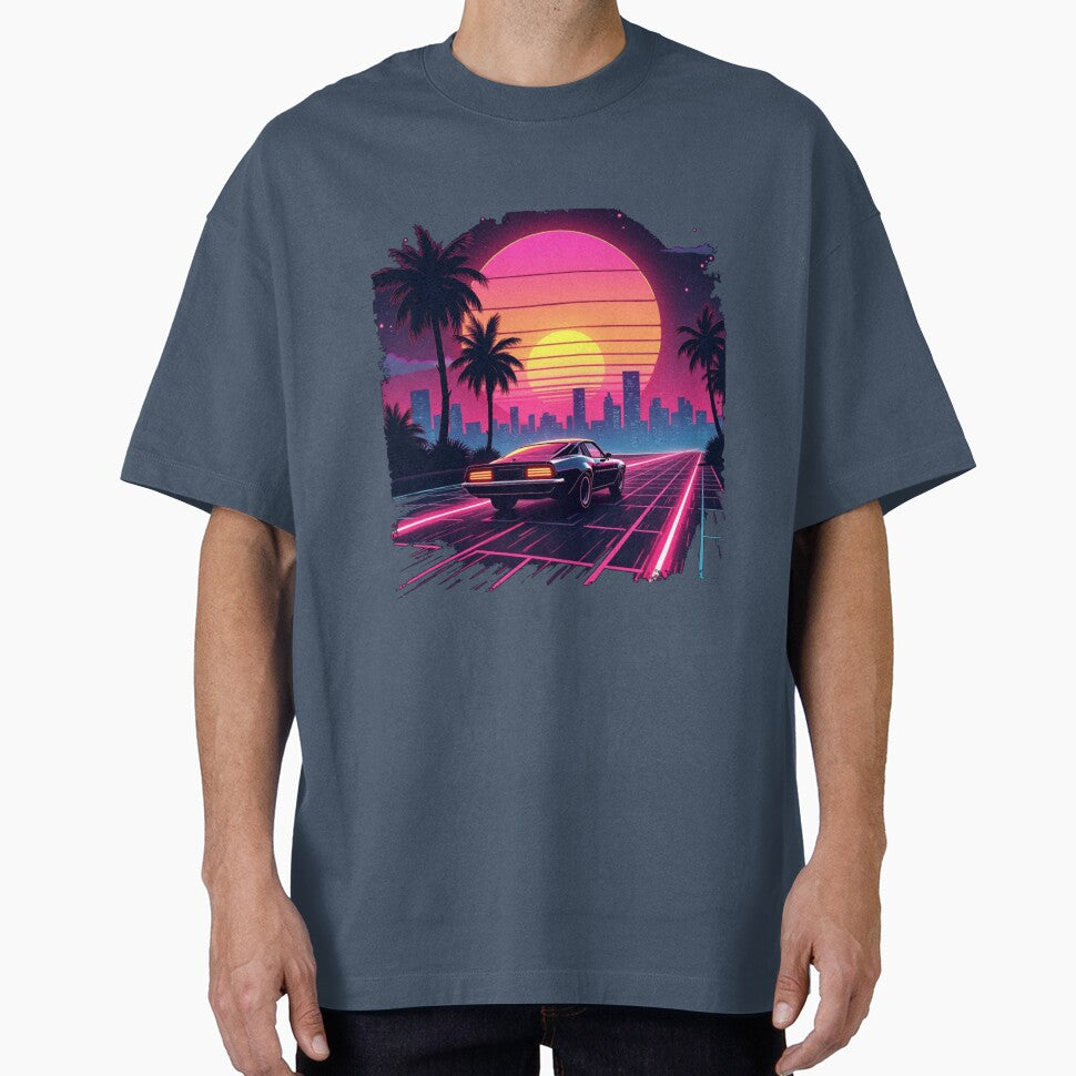 Retro 80s Synthwave T-Shirt – Neon Sunset & Futuristic Car Design by Madustoks