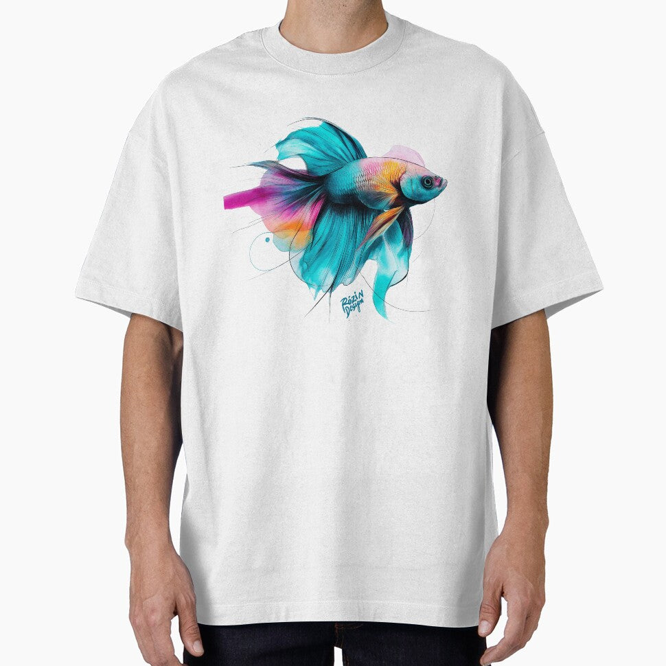 Neon Betta Fish – Turquoise Pink Vibrant Aquatic Line Art by Rozin-Design