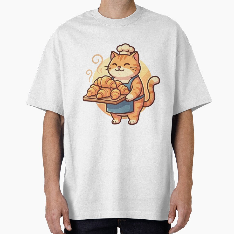 Cute Cat Baker with Croissants - Kawaii Pastry Chef Kitty Illustration by HappySproutArt