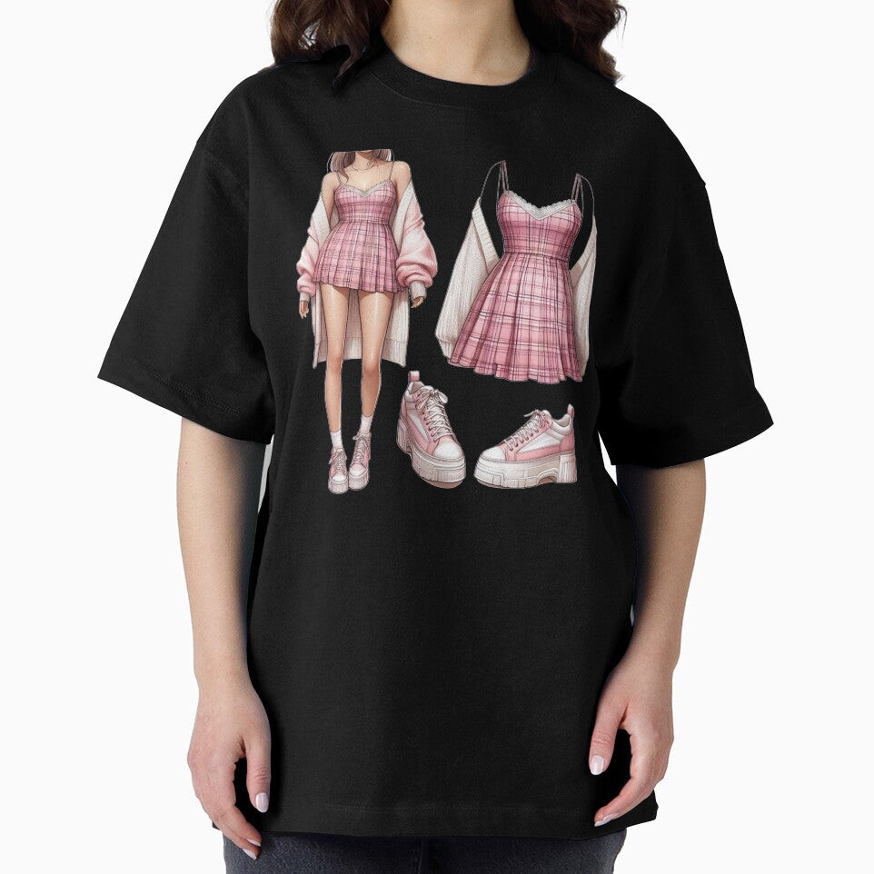 Pink Plaid Sundress - Oversized Cardigan - Y2K Fashion Drawing by AmberRoseWrites