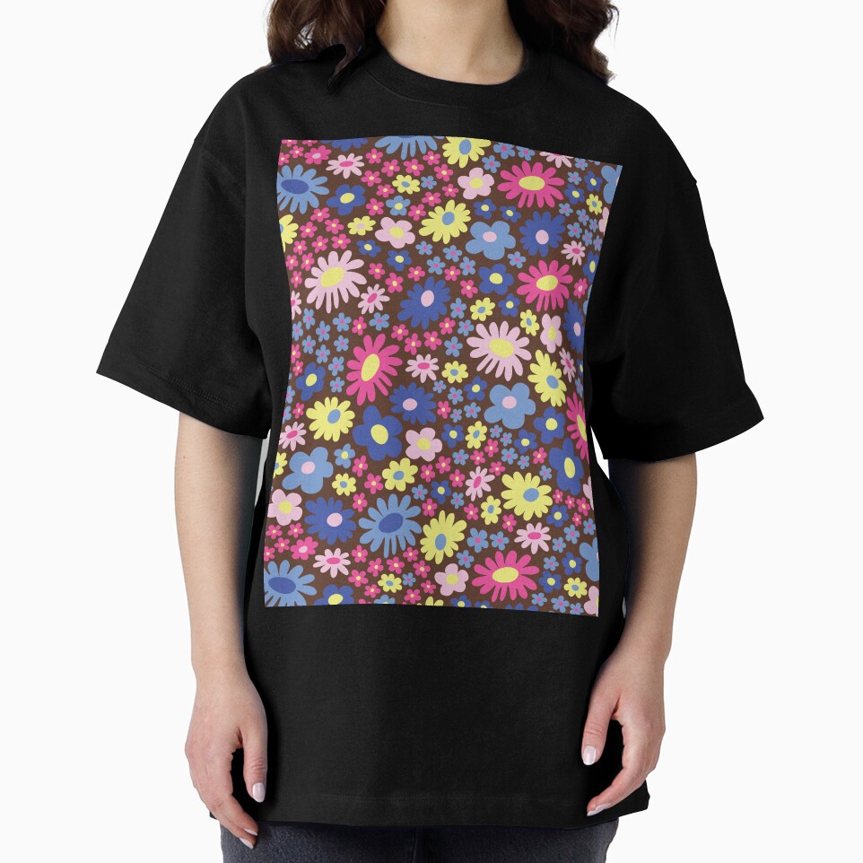 brown 60s retro flower power, purple, pink, blue, yellow, 60s groovy pattern, hippie flowers by blomastudios
