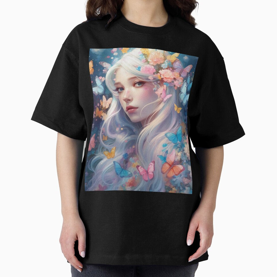 Dreamy Girl Portrait with Long White Hair and Colourful Butterflies #1 by harajukuai