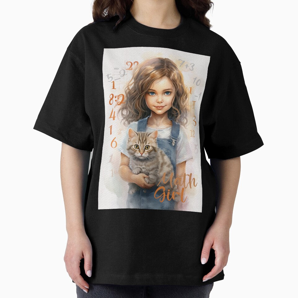 Math Girl with Cute Cat- Watercolor Painting by MahsaWatercolor