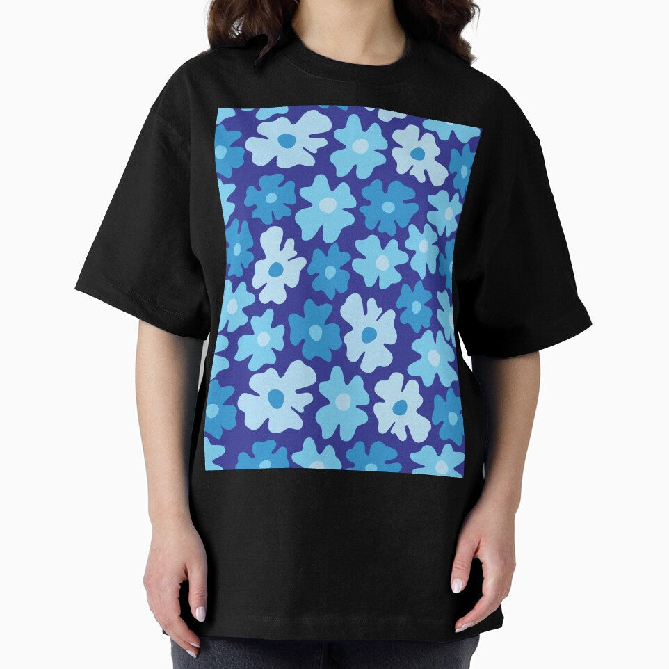 Blue 60s retro flower power, pastel blue, blue, cobalt blue, 60s groovy pattern, hippie flowers by blomastudios