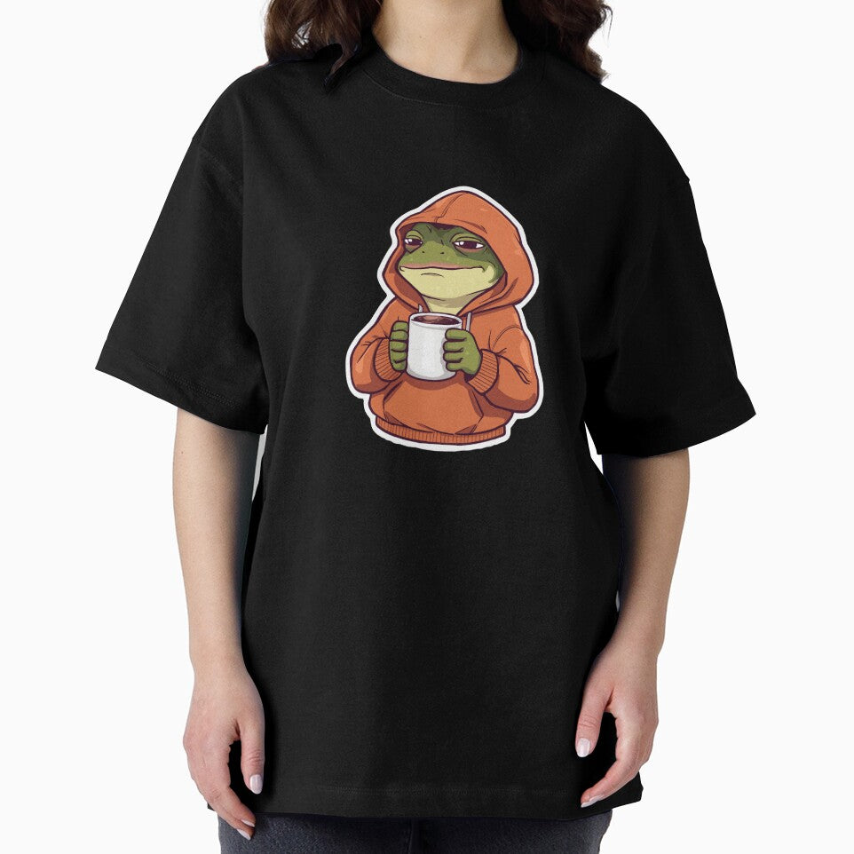 Tired Frog with Coffee – Cozy Cartoon Mood in Oversized Hoodie by Aesthicer
