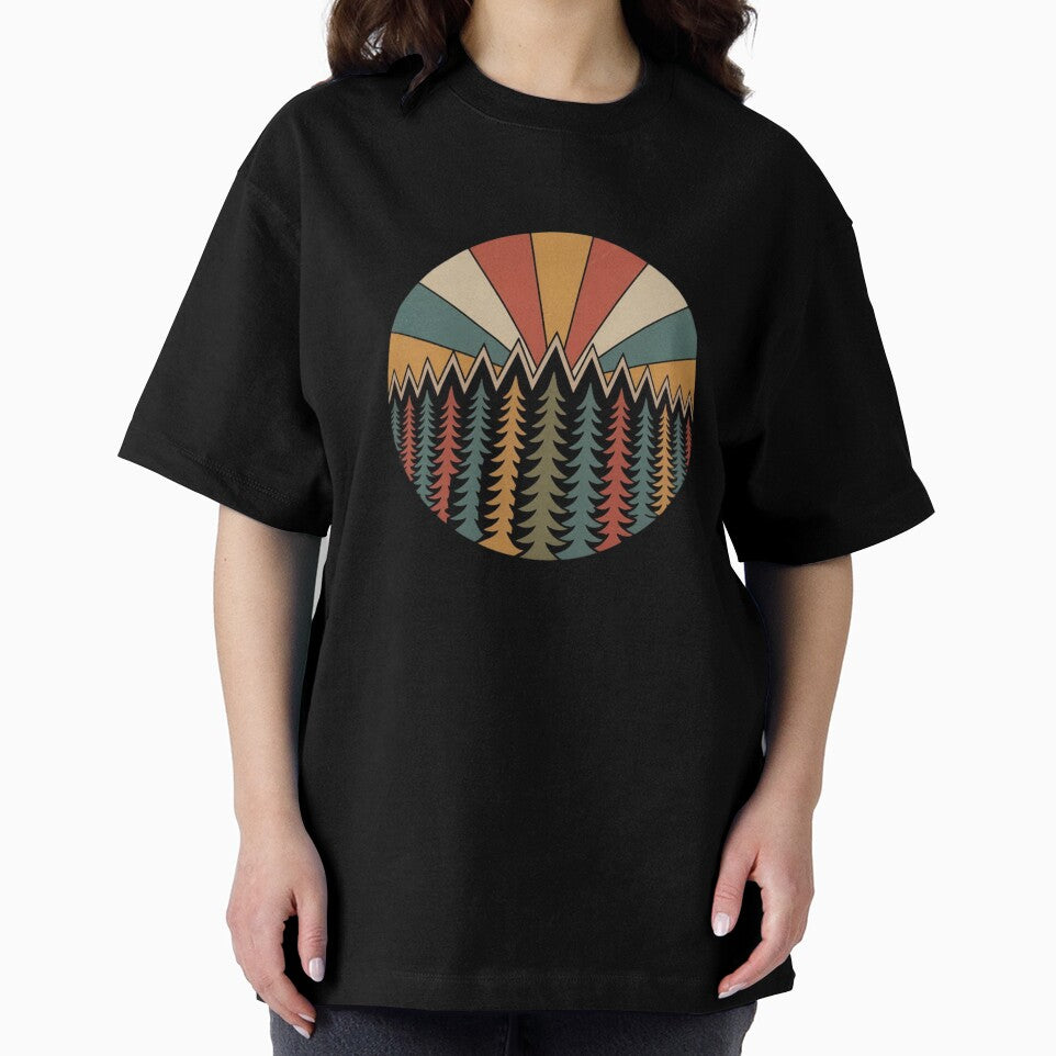 Retro Forest Burst | Vintage Sunset Tree Line T-Shirt Design by sadman73