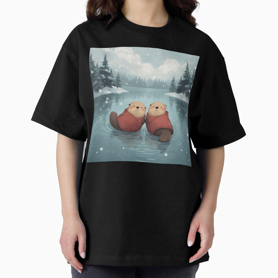 Floating Otters in Love on a Winter Lake by WildlifeWhimsy