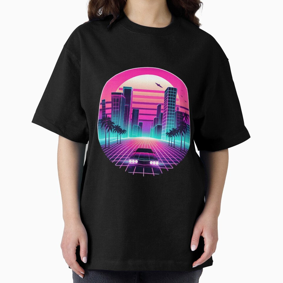 Retro Futuristic Neon Cityscape with Car by pumsquare