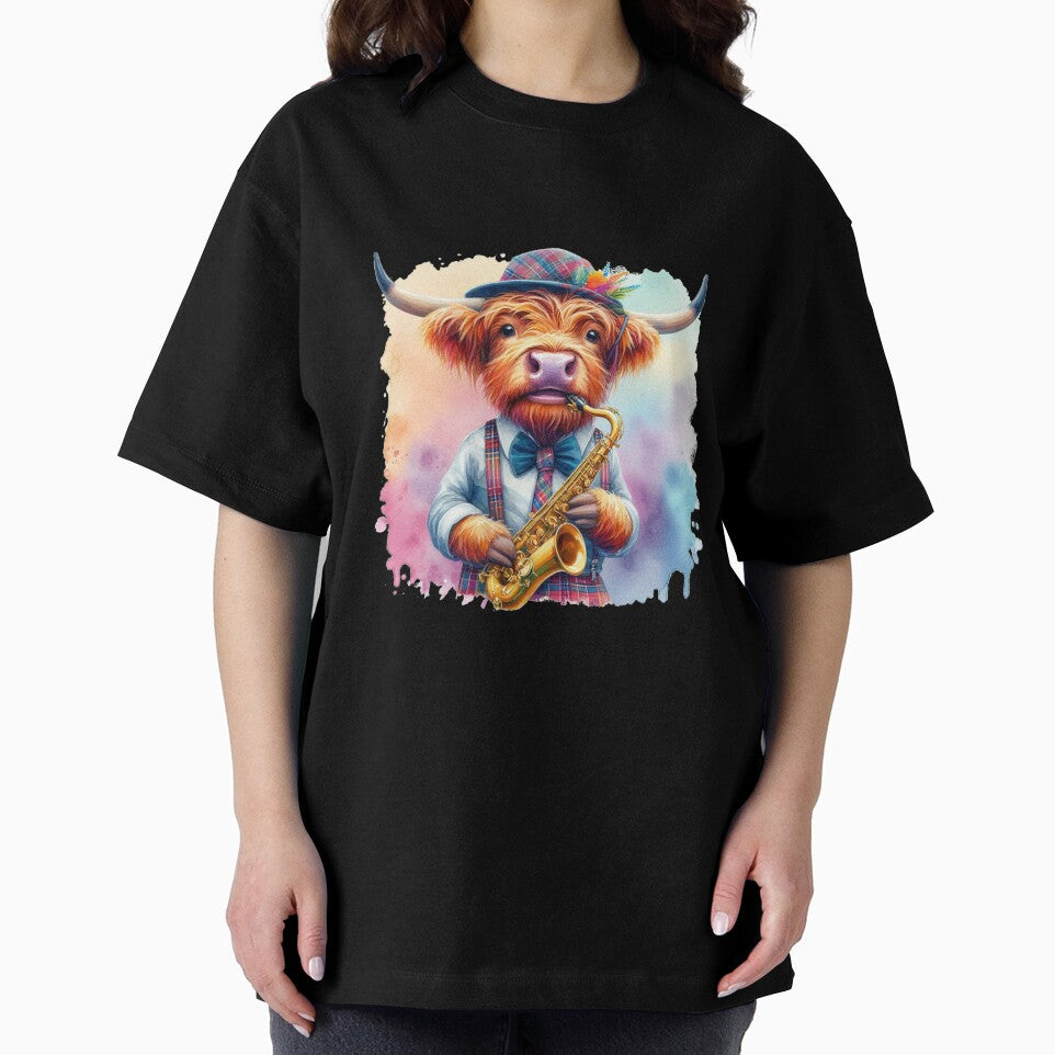 Scottish Highland Cow playing Jazz on the Saxophone Colorful Watercolor by MaedK