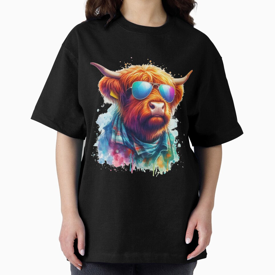 Cool Scottish Highland Cow in Shirt and Shades Colorful Watercolor by MaedK