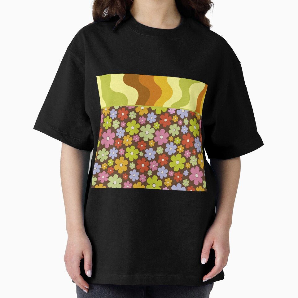 Colorful brown orange green  retro groovy 60s flowers by Inktown