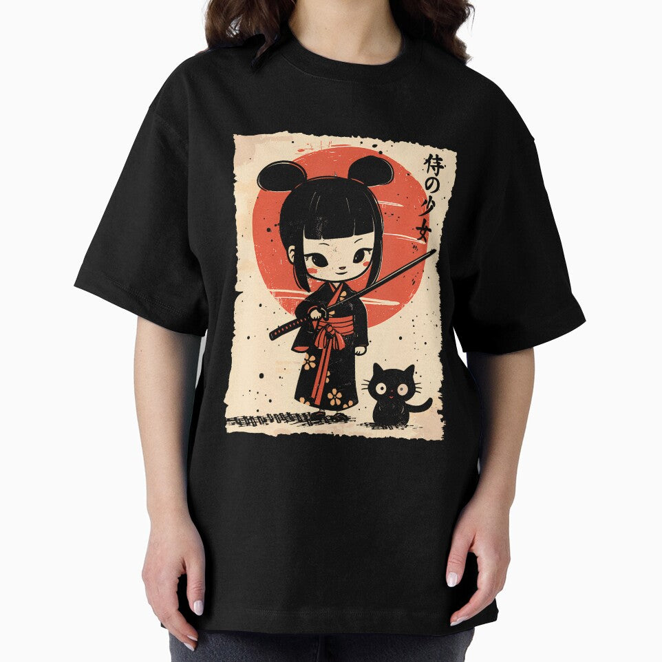 Cute Kawaii Samurai Girl With Katana  Cat Japanese Anime T-Shirt (2) by GabrielaPeterse