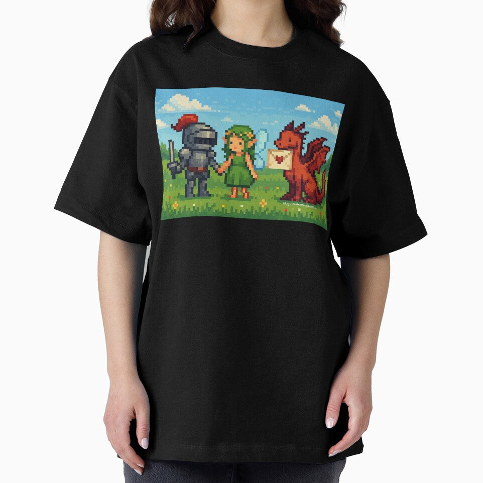 Pixel Knight and Fairy Holding Hands with Dragon and Love Letter – Romantic Fantasy Pixel Art Scene by HealerMoonHuntressDesigns